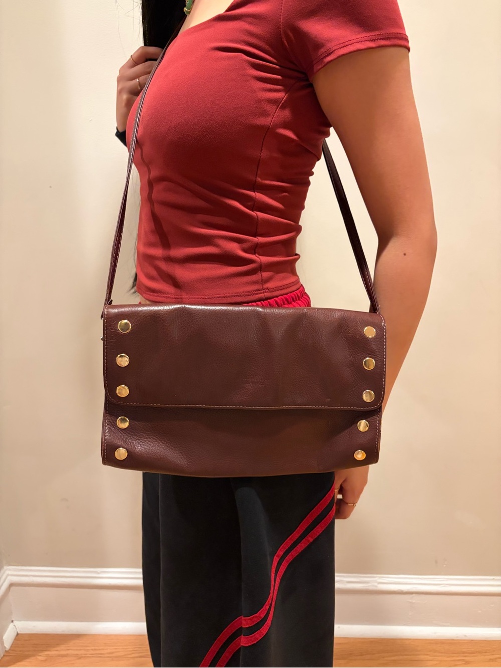 Hammitt Wine Leather Crossbody with Gold Stud Accents